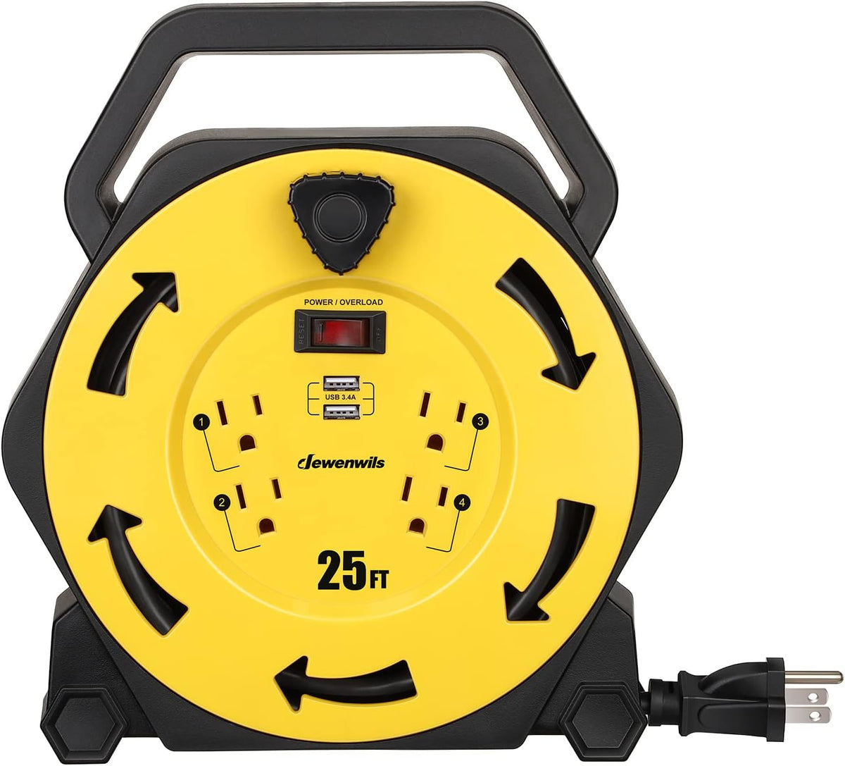 25FT Retractable Extension Cord Reel with 4 Power Outlets, 2-USB Ports, Heavy Duty SJTW 16/3 Cable, 13A Circuit Breaker, Pack of 2 Q4842