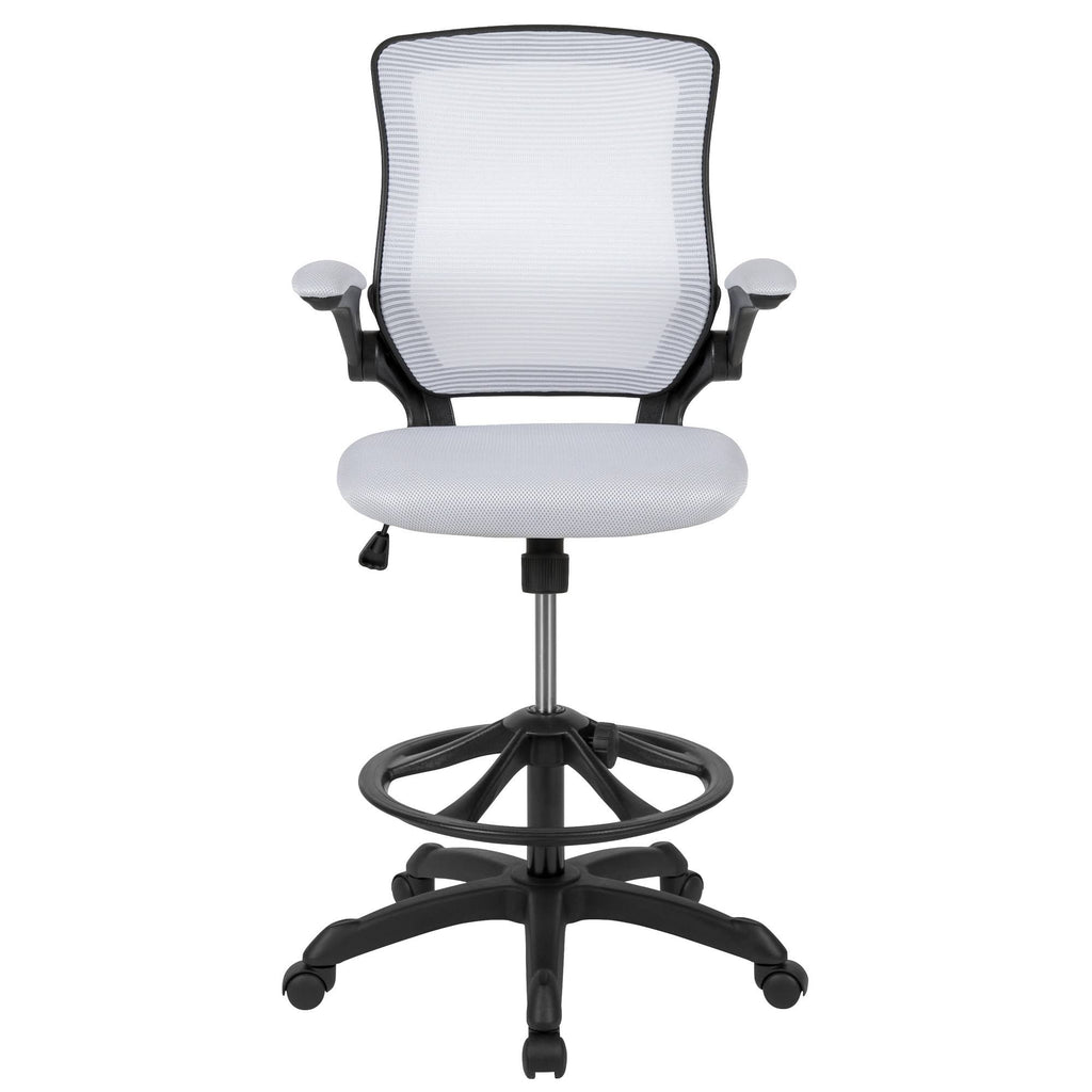White Mesh Ergonomic Drafting Chair with Foot Ring and Flip-Up Arms T7162