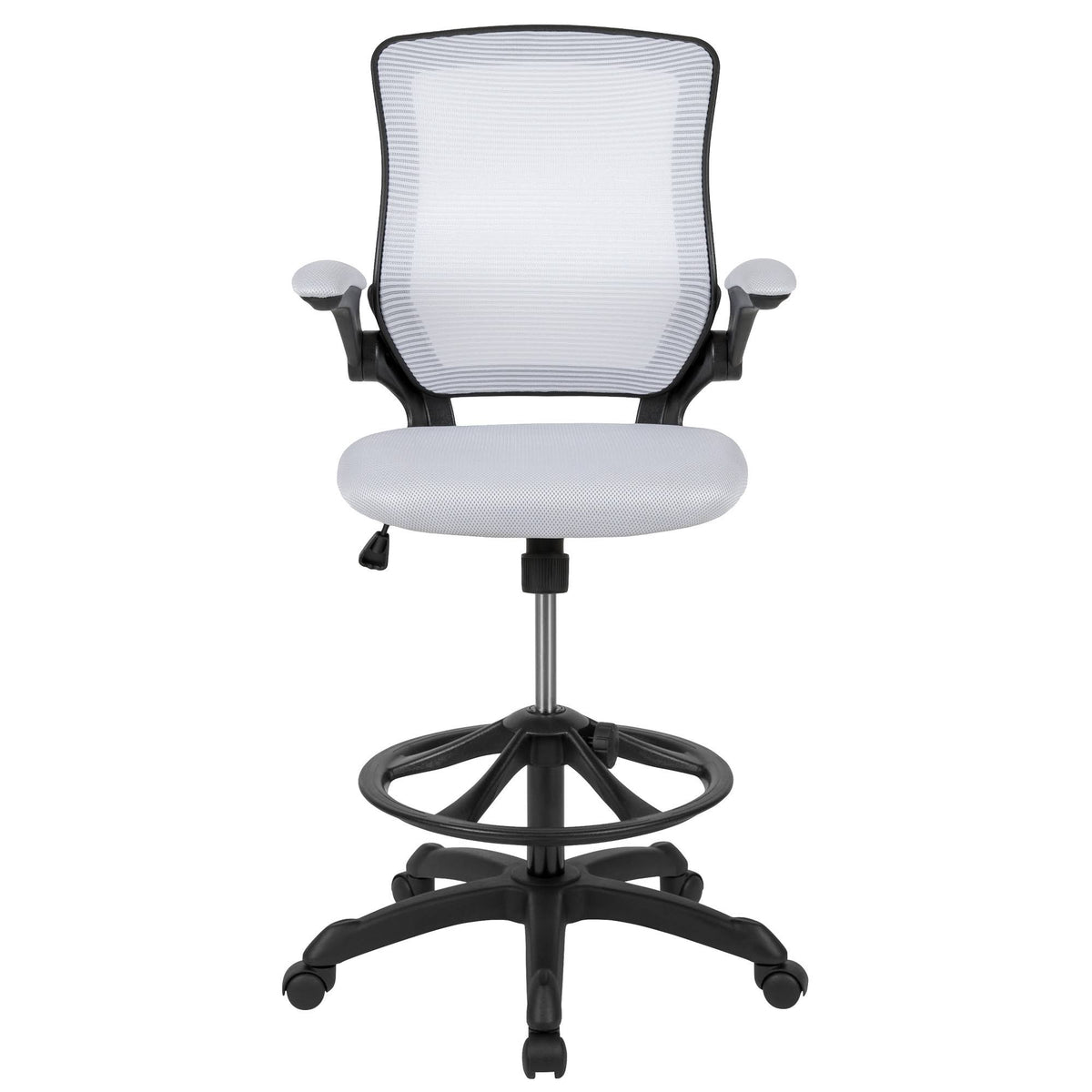 White Mesh Ergonomic Drafting Chair with Foot Ring and Flip-Up Arms T7162