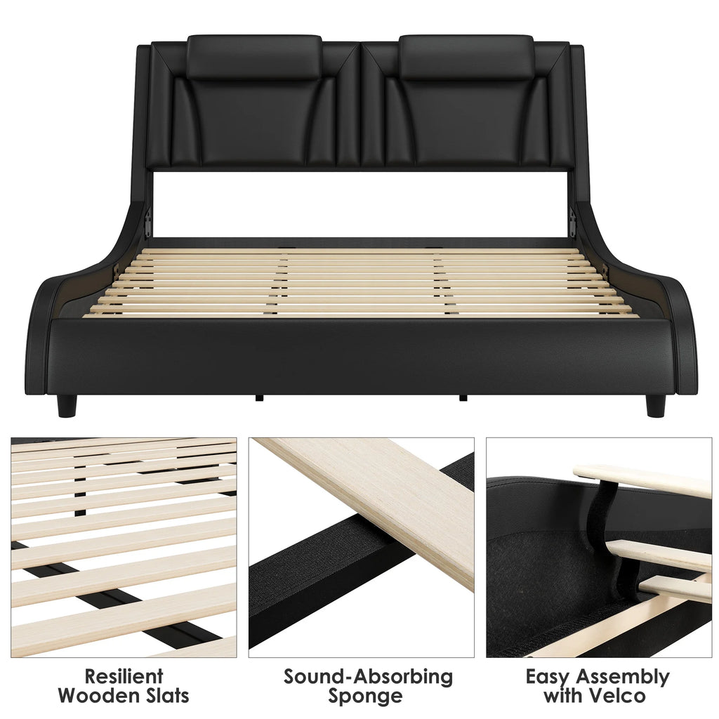 Queen LED PU Leather Upholstered Platform Bed with Adjustable Headboard H123255