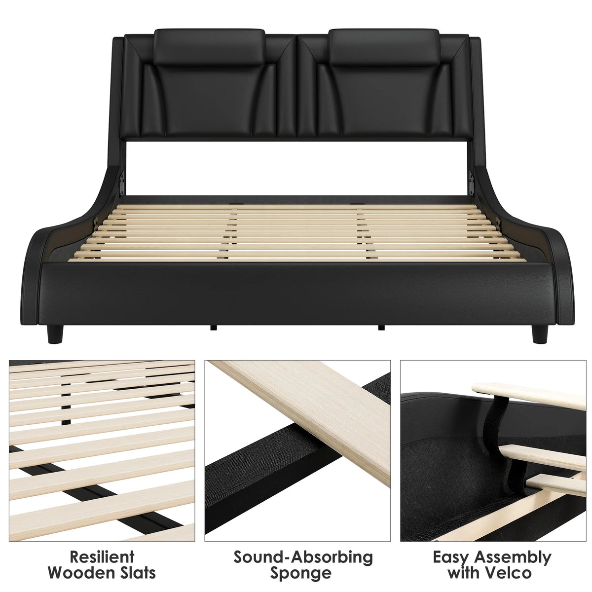 Queen LED PU Leather Upholstered Platform Bed with Adjustable Headboard H123255