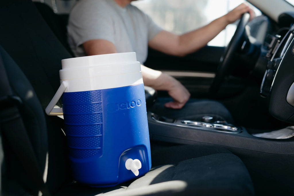2-Gallon Plastic Beverage Jug with Hooks Blue Y91719