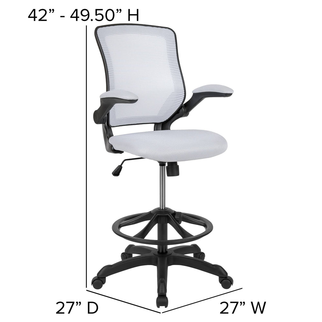 White Mesh Ergonomic Drafting Chair with Foot Ring and Flip-Up Arms T7162