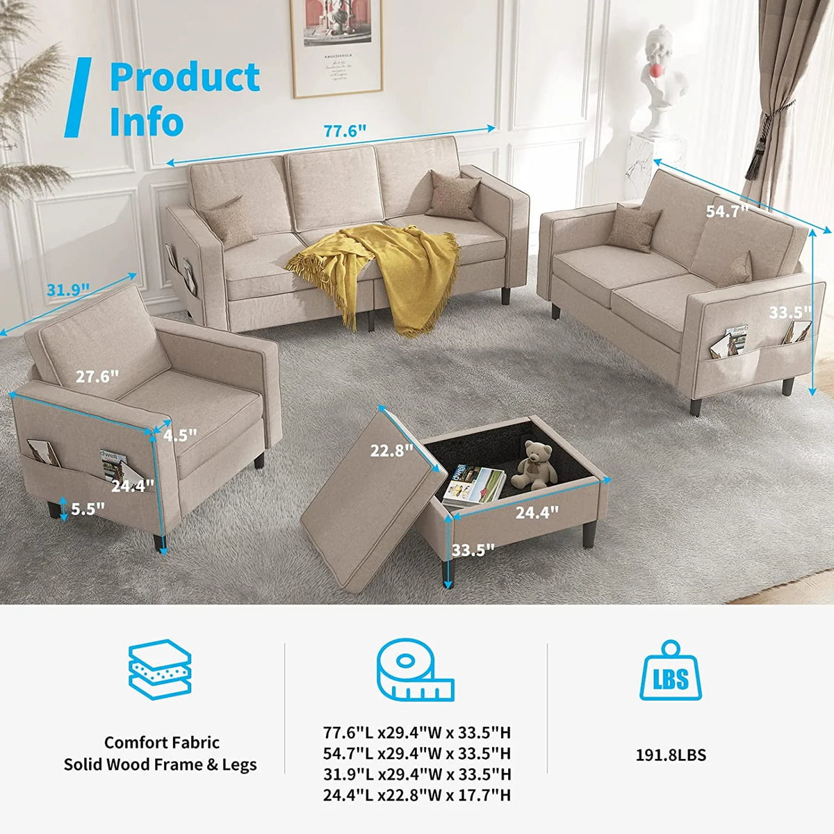 Convertible Sectional Sofa Couch with Storage Ottoman I79723