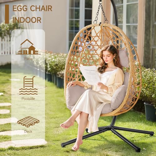 Beige Wicker Rattan Egg Chair with Stand J313484