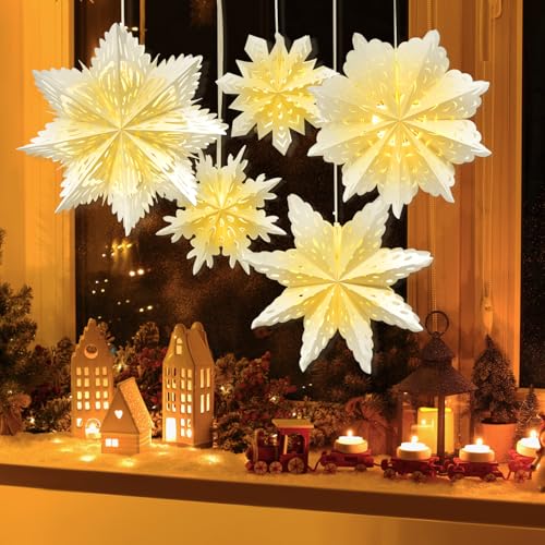 5 Pack Paper Snowflake Lanterns with Lights F43073