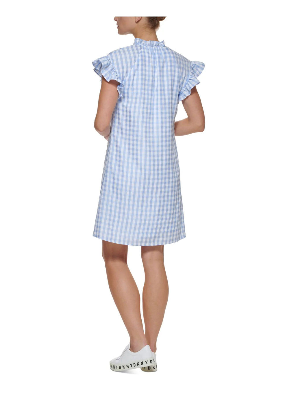 Blue Ruffled Button Detail Lined Gingham Flutter Sleeve Short Shift Dress V2196