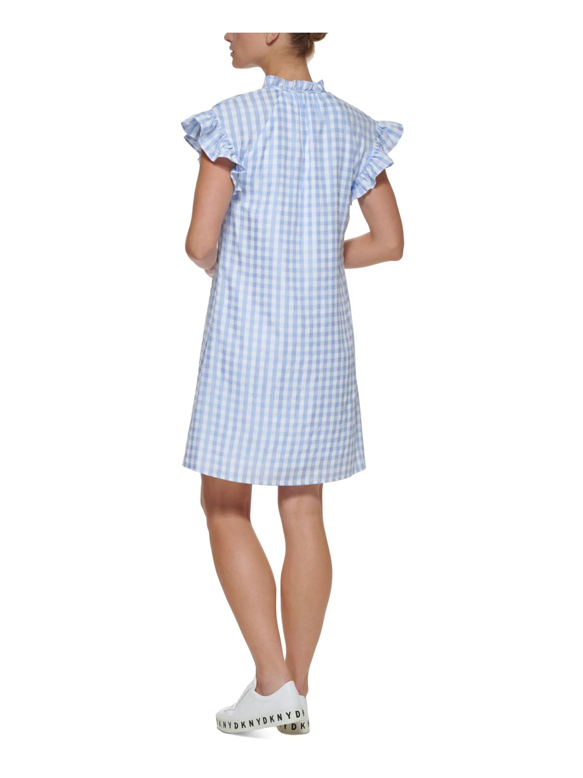 Blue Ruffled Button Detail Lined Gingham Flutter Sleeve Short Shift Dress V2196