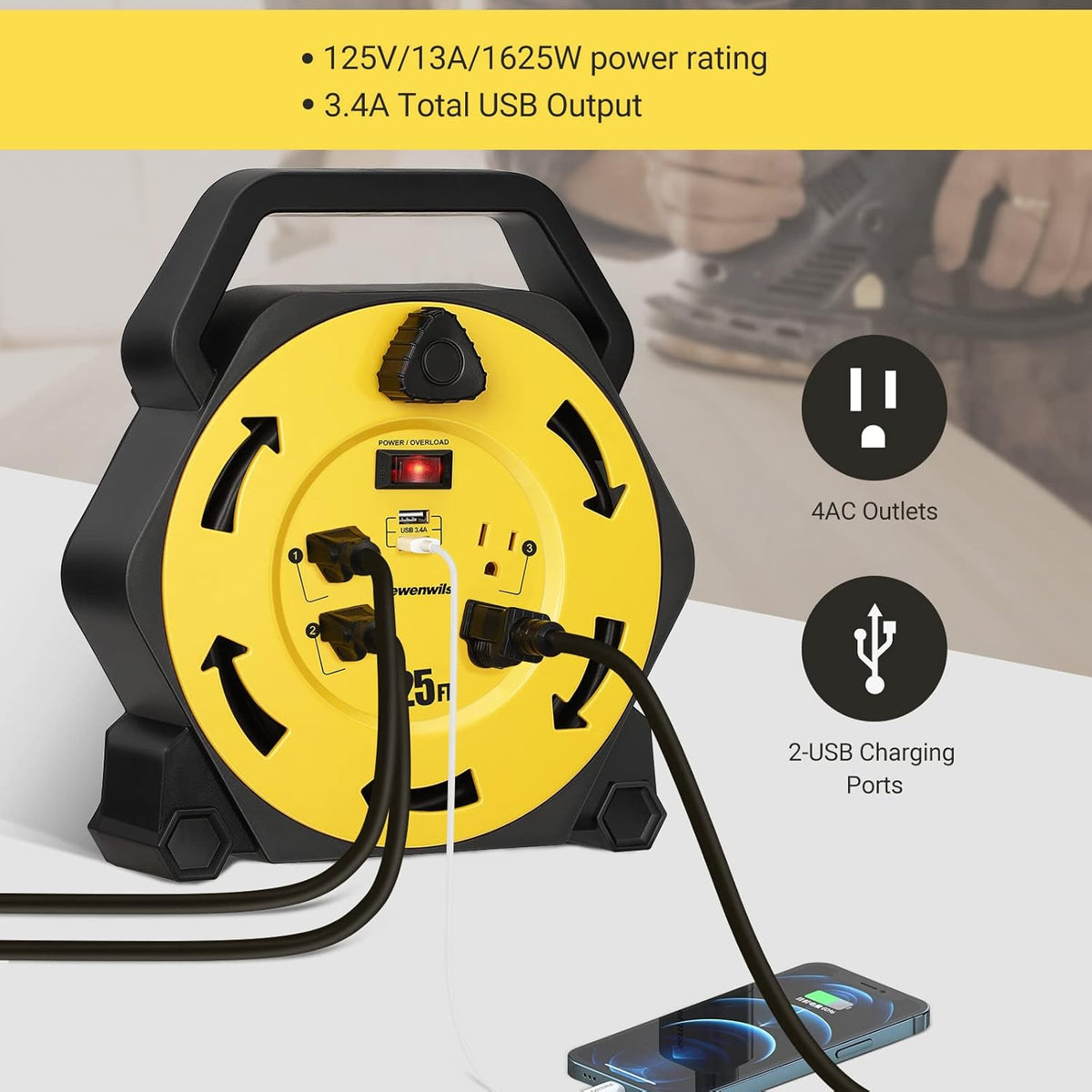 25FT Retractable Extension Cord Reel with 4 Power Outlets, 2-USB Ports, Heavy Duty SJTW 16/3 Cable, 13A Circuit Breaker, Pack of 2 Q4842