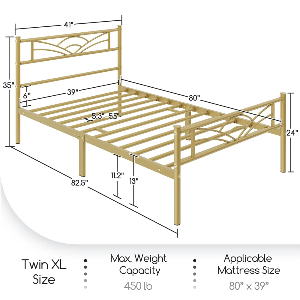 Metal Platform Bed with Headboard Twin XL Antique Gold J3144