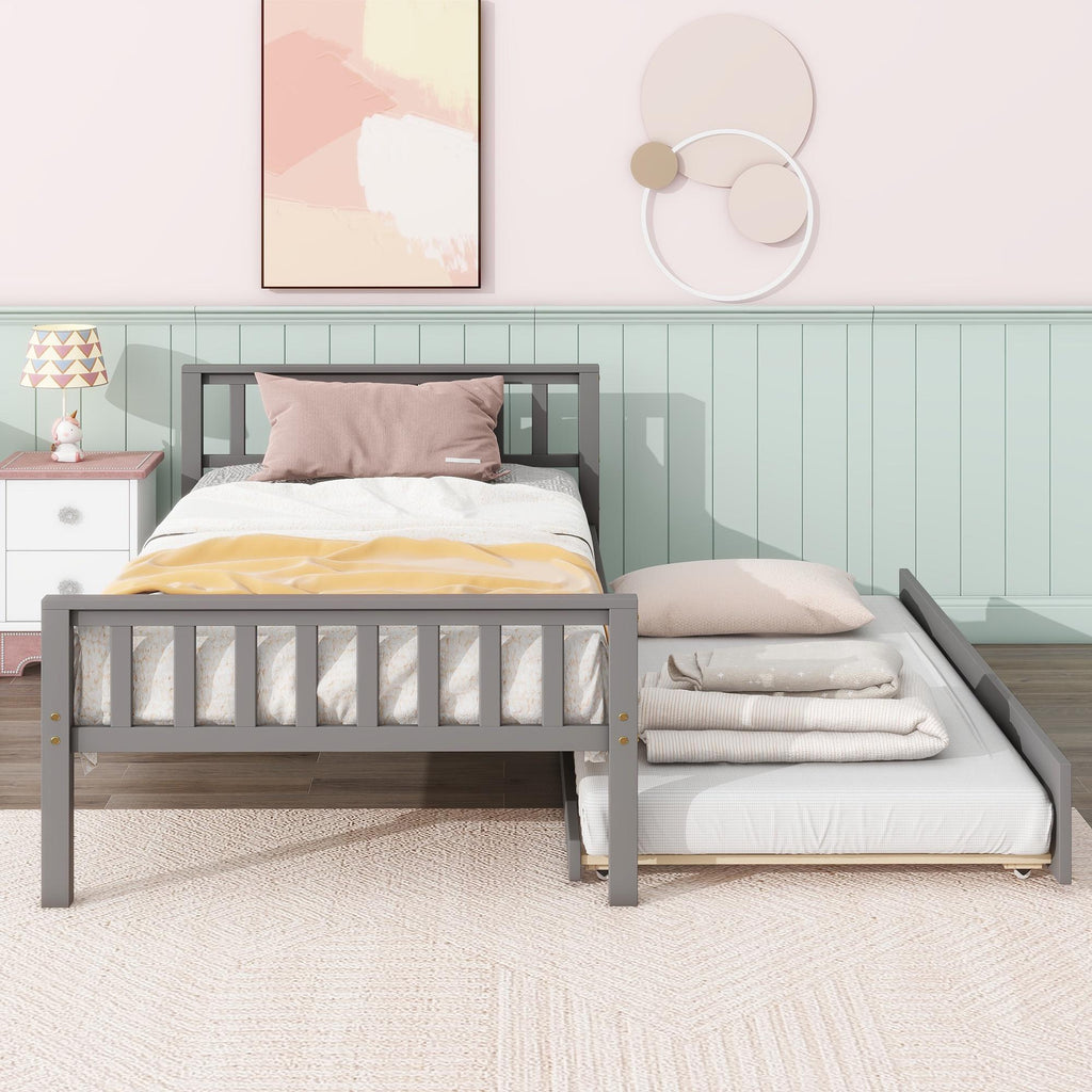 Gray Twin Size Wood Platform Bed with Trundle M991