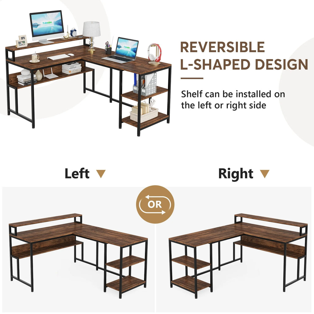 59" L Shaped Desk with Monitor Stand and Storage Shelf N759