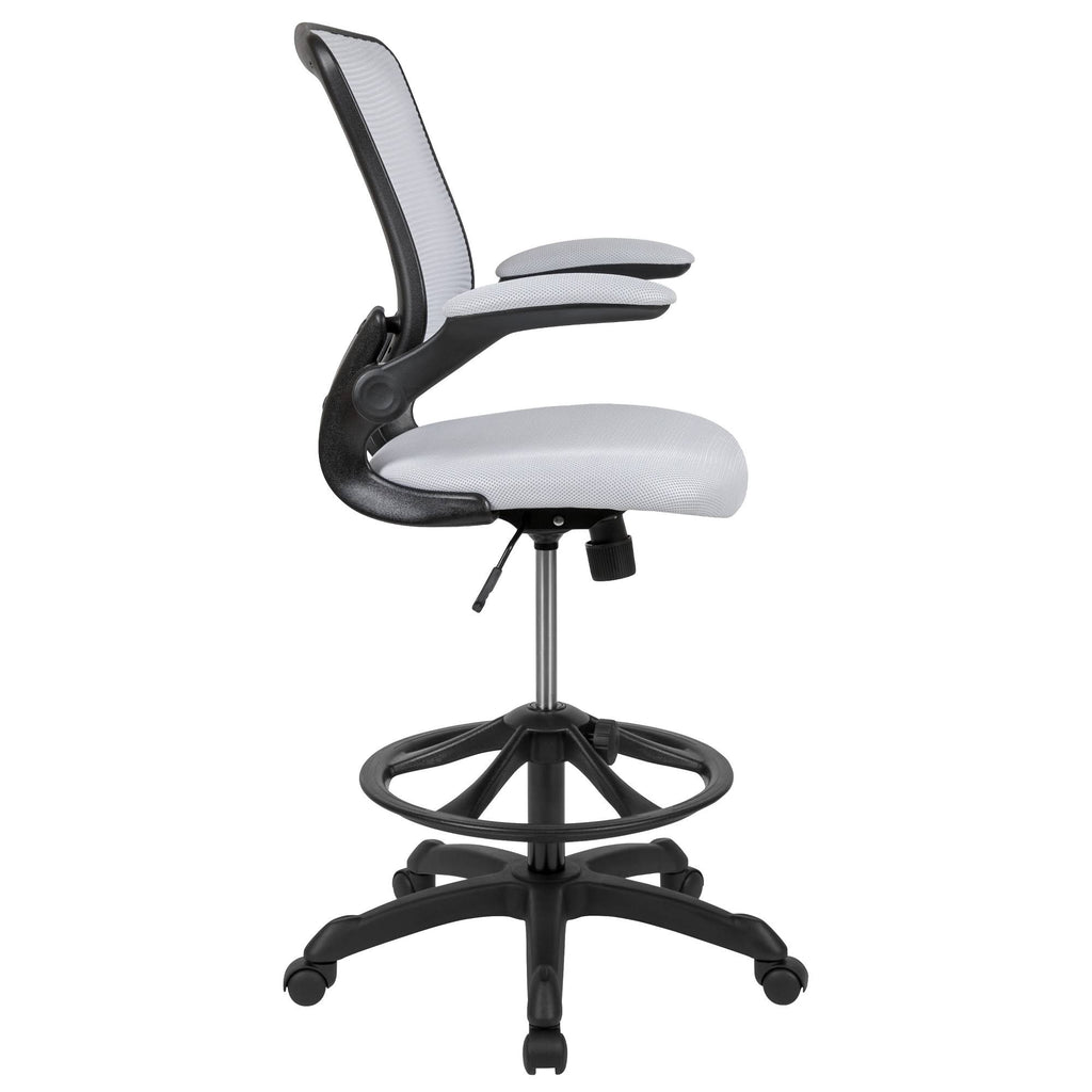 White Mesh Ergonomic Drafting Chair with Foot Ring and Flip-Up Arms T7162