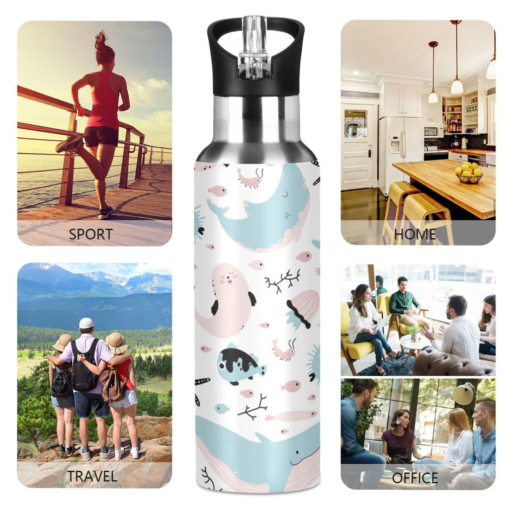Stainless Steel Insulated Vacuum Flask Water Bottle with Straw Lid H89632